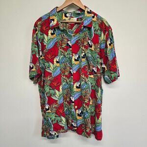 Joe Marlin Parrot Tropical Shirt Men XXL Red Short Sleeve Button Down Aloha Boho